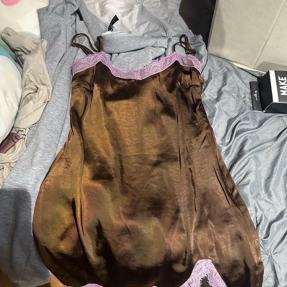 Urban Outfitters Brown Satin Slip with Purple Lace